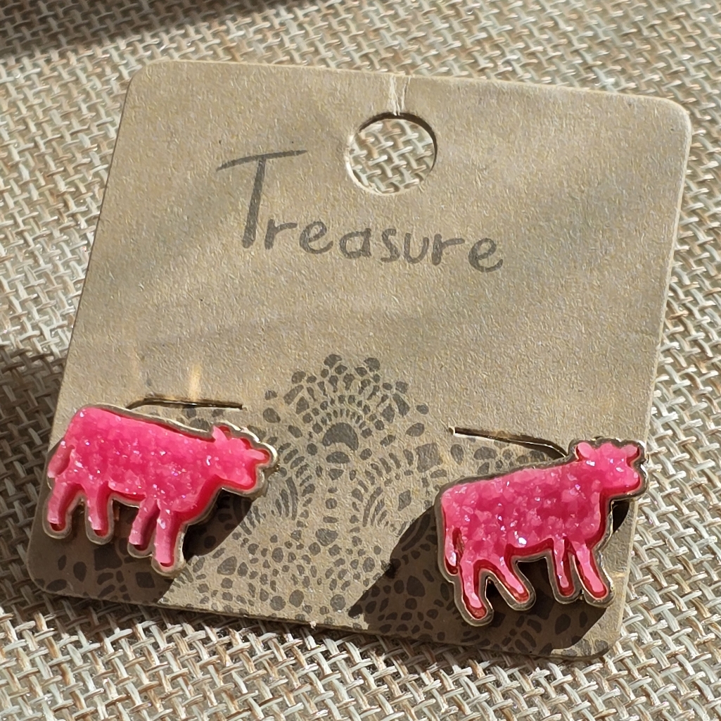 Pink Druzy Cow Earrings